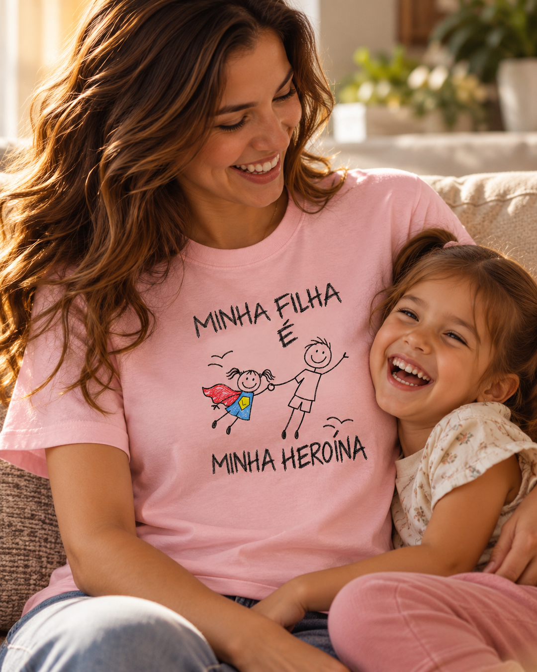 Camiseta personalizada Minha filha é minha heroína com inicial – mãe com a filha, camiseta rosa #col:mamae #col:maternidade