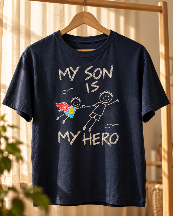Camiseta personalizada My son is my hero com inicial – marinho