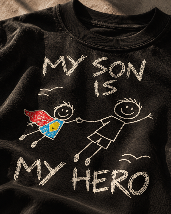 Camiseta Oversized personalizada My son is my hero – detalhe da estampa