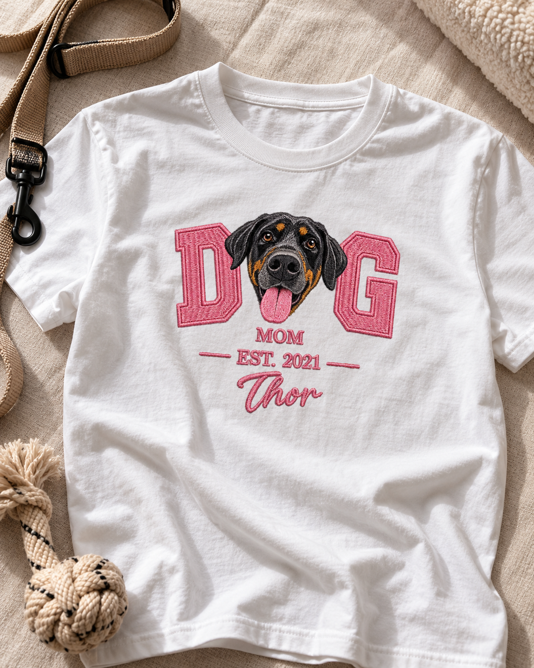 Camiseta personalizada Pet Face DOG com rosto do pet e nome Thor – branca