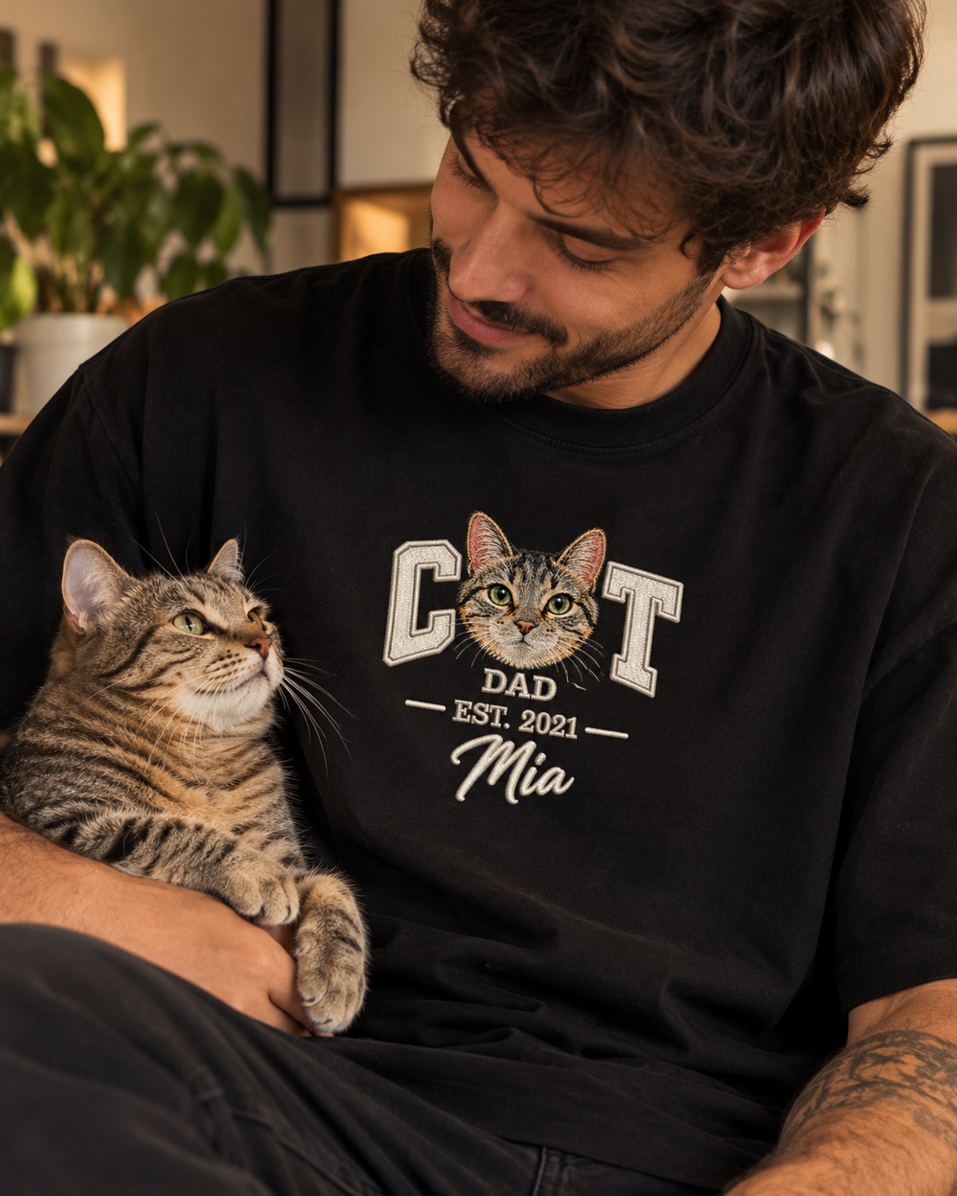 Camiseta Oversized personalizada Pet Face CAT DAD com rosto do gato – preta