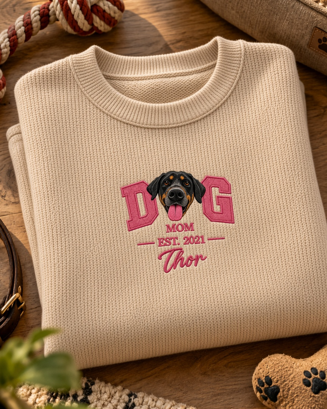 Suéter personalizado Pet Face DOG MOM com rosto do cachorro bordado – bege