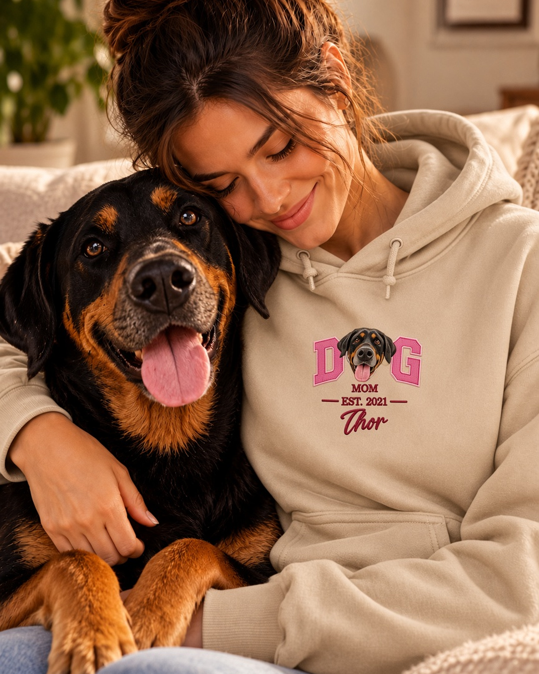 Moletom Hoodie personalizado Pet Face DOG MOM com rosto do cachorro – bege