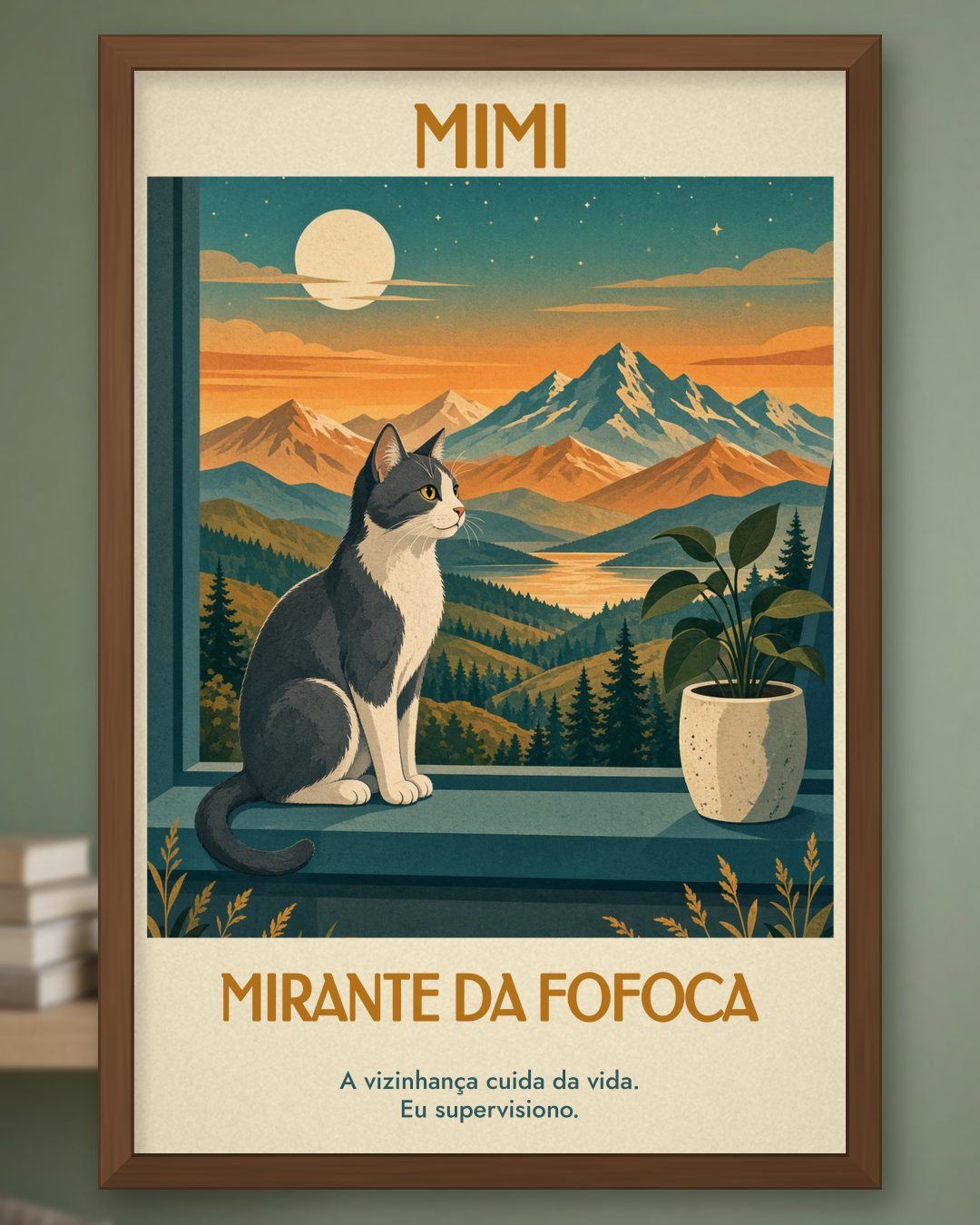 Quadro personalizado Lugares do meu Gato – Mirante da Fofoca, pôster retrô do seu gato emoldurado – foto principal
