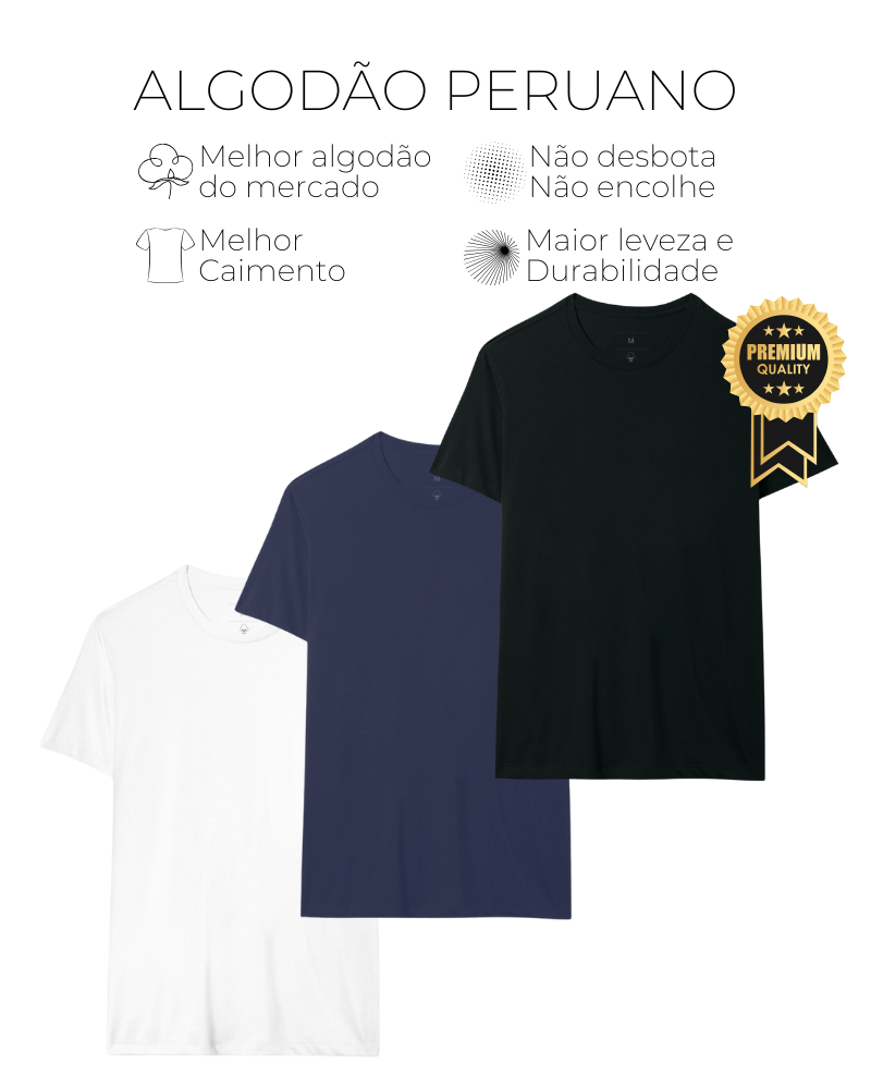 Kit 3 Camisetas Lisas - Algodão Peruano