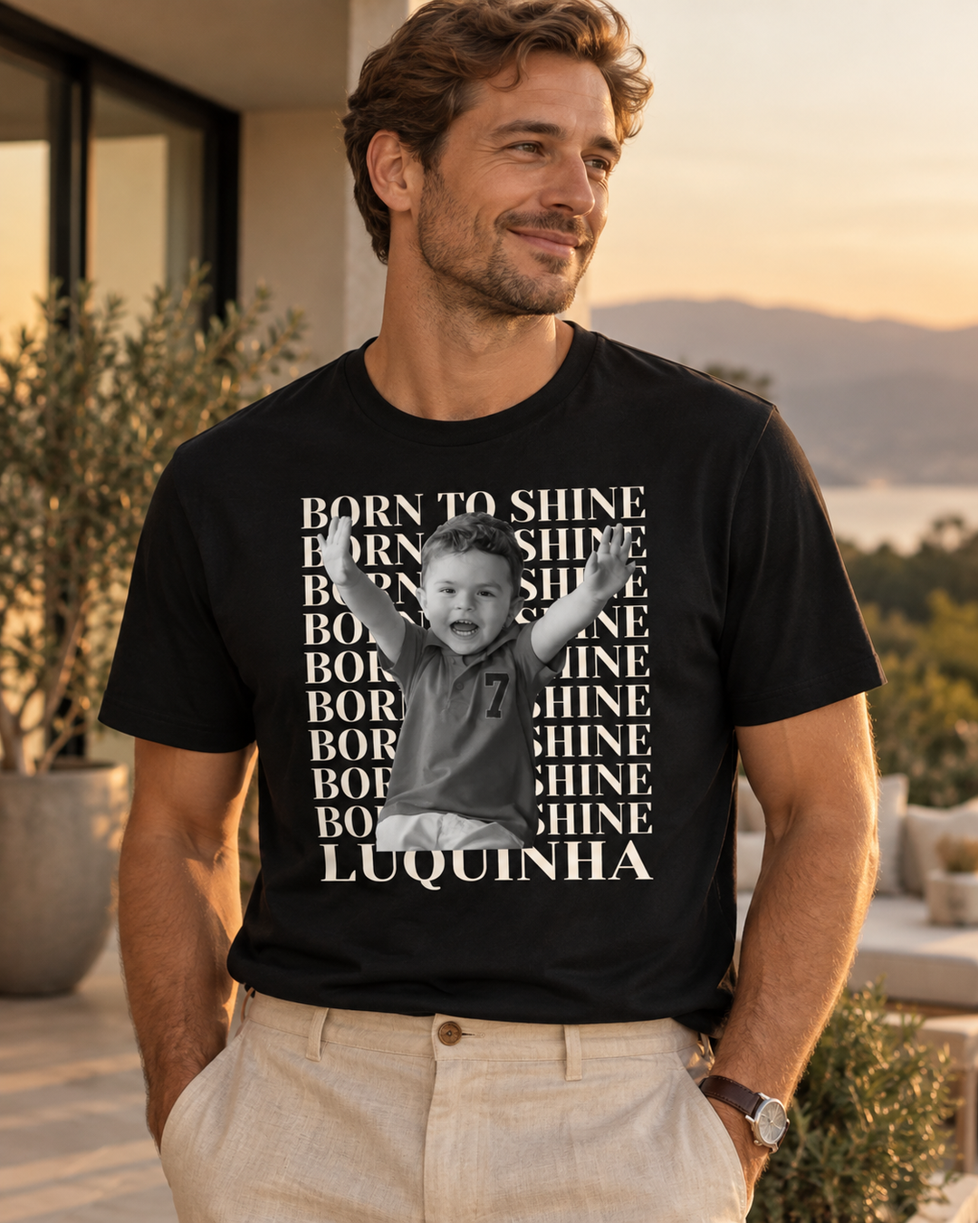 Pai com camiseta de algodão peruano personalizada com foto do filho Born to Shine - presente para pai