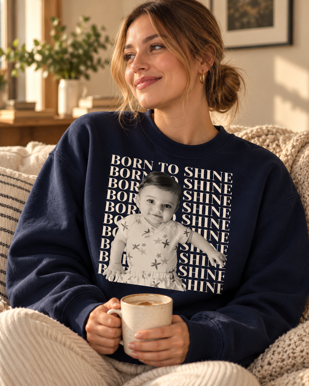 Mãe com suéter azul marinho personalizado com foto do bebê Born to Shine - presente para mãe