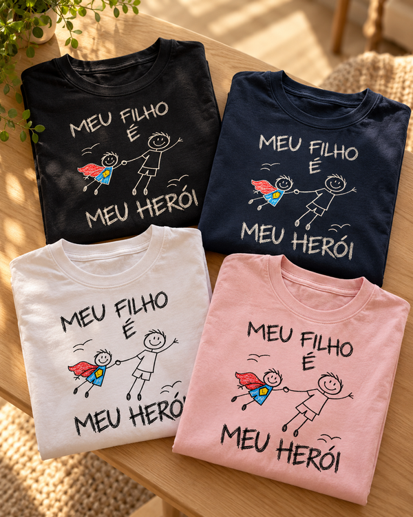 Camisetas personalizadas Meu Herói com inicial – preta, marinho, branca e rosa #col:familia