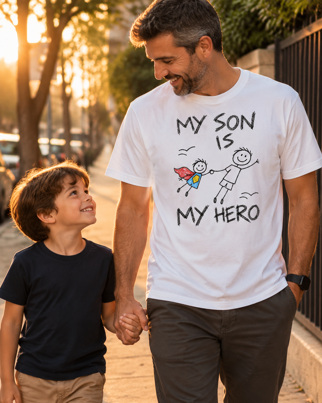 Camiseta Algodão Peruano personalizada My son is my hero – pai e filho, camiseta branca