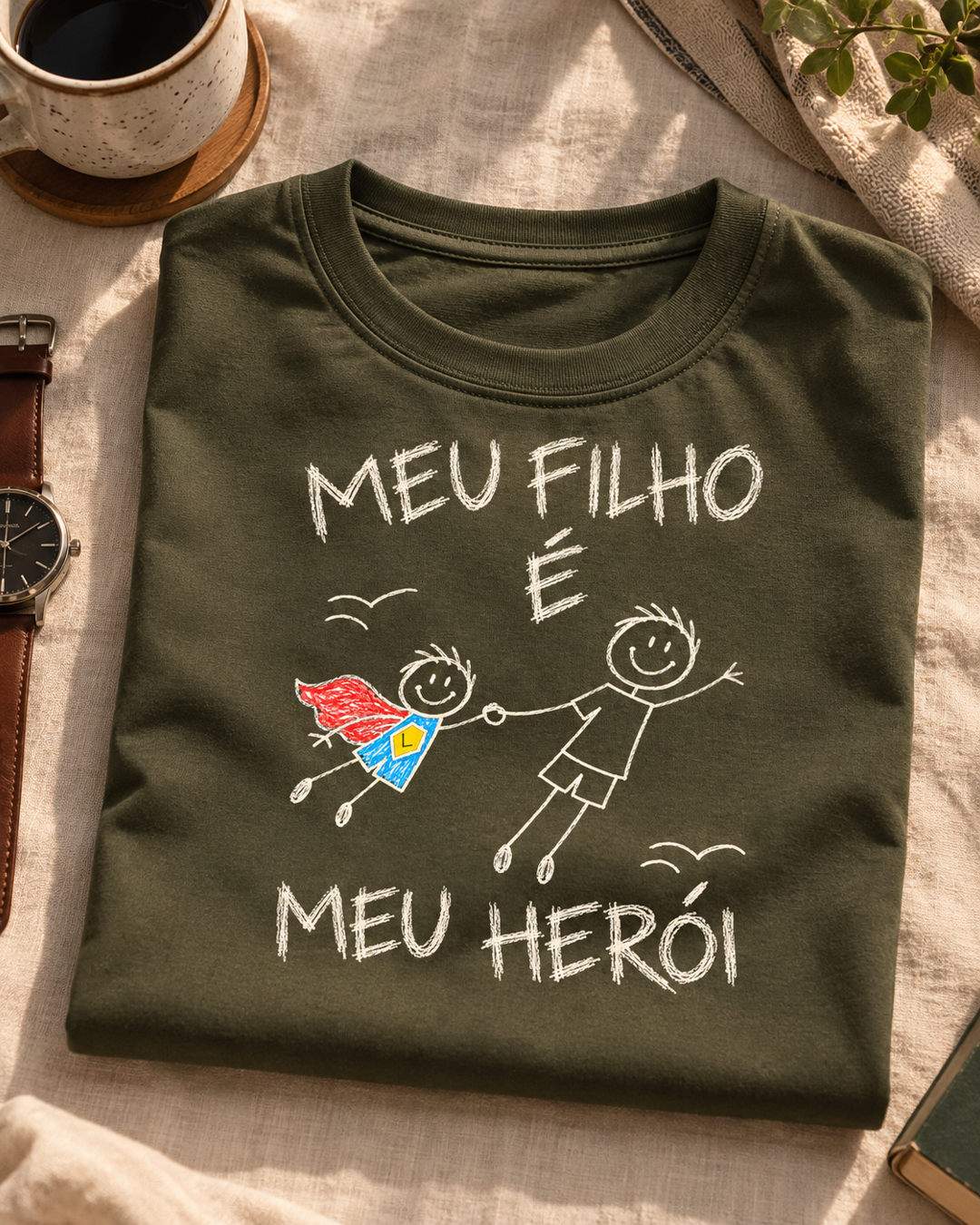 Camiseta Algodão Peruano personalizada Meu filho é meu herói com inicial – verde musgo