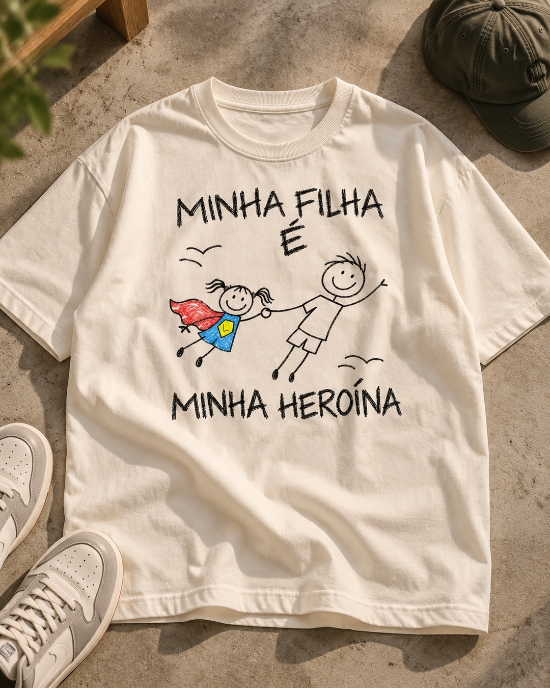 Camiseta Oversized personalizada Minha filha é minha heroína – off white