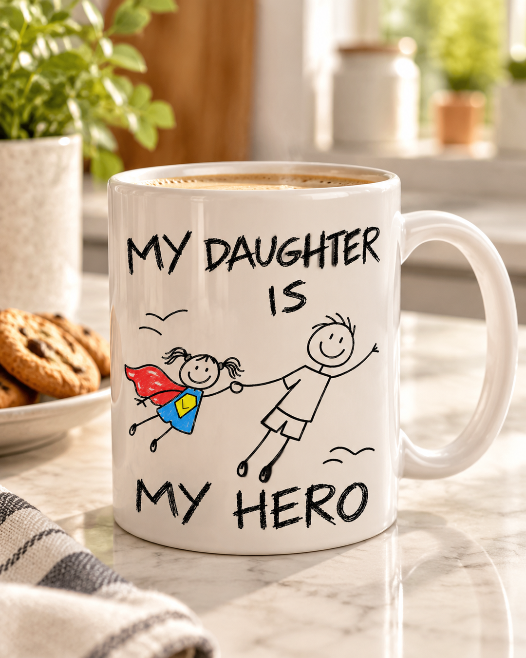 Caneca personalizada My daughter is my hero – na mesa