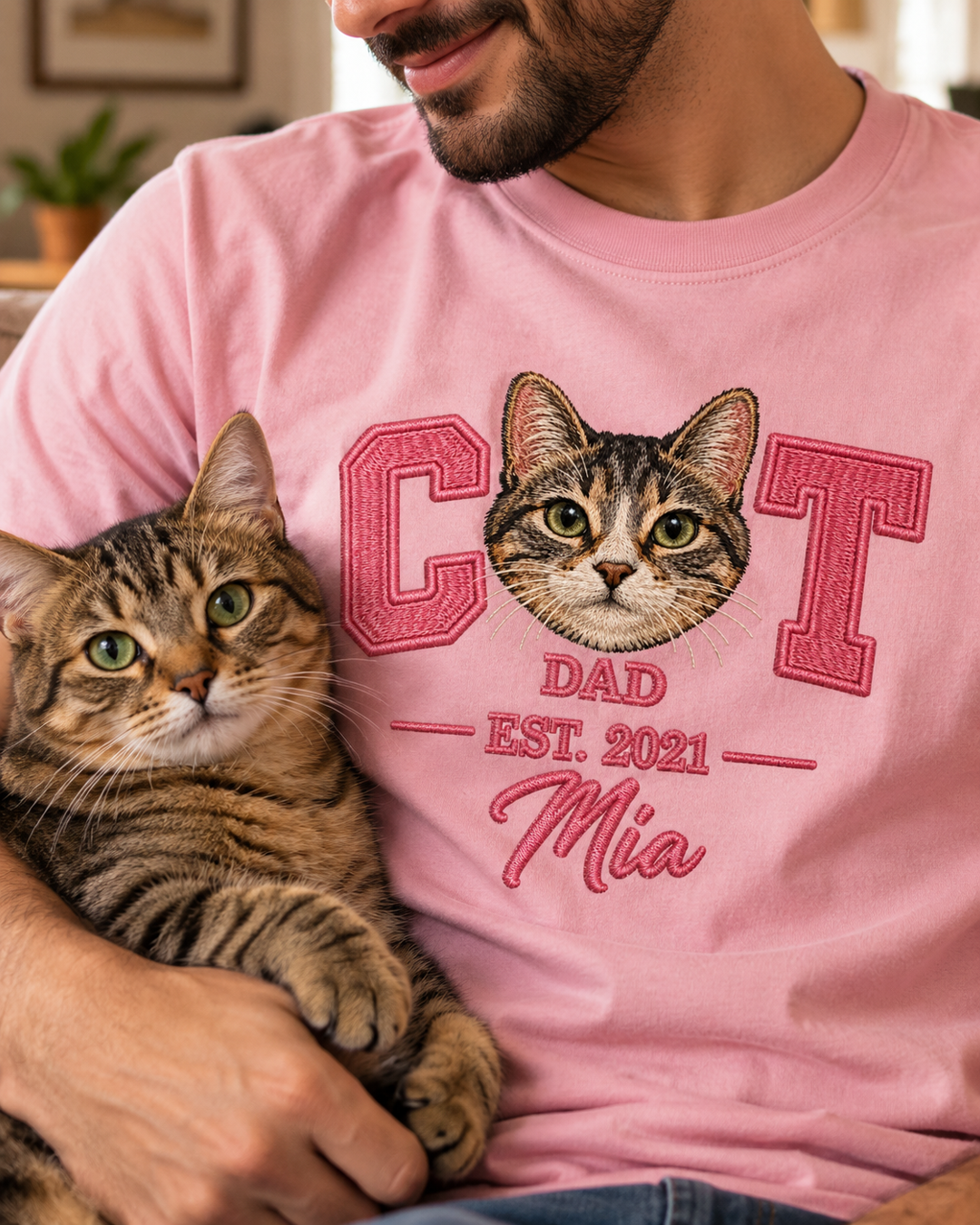 Camiseta personalizada Pet Face CAT DAD com rosto do gato – rosa, com o pet