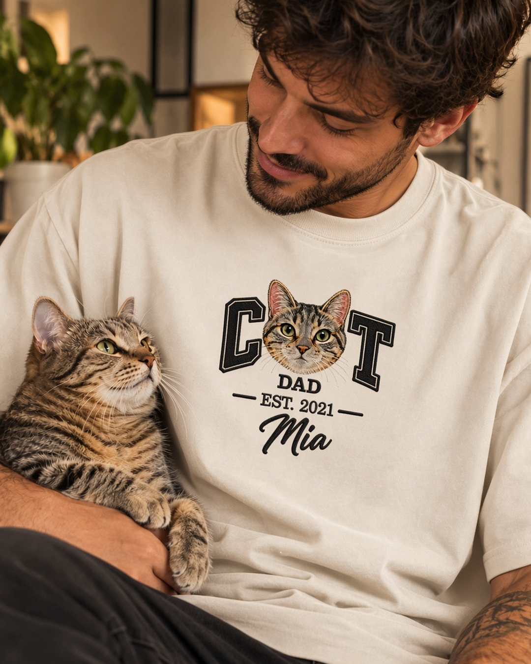 Camiseta Oversized personalizada Pet Face CAT DAD com rosto do gato – off white