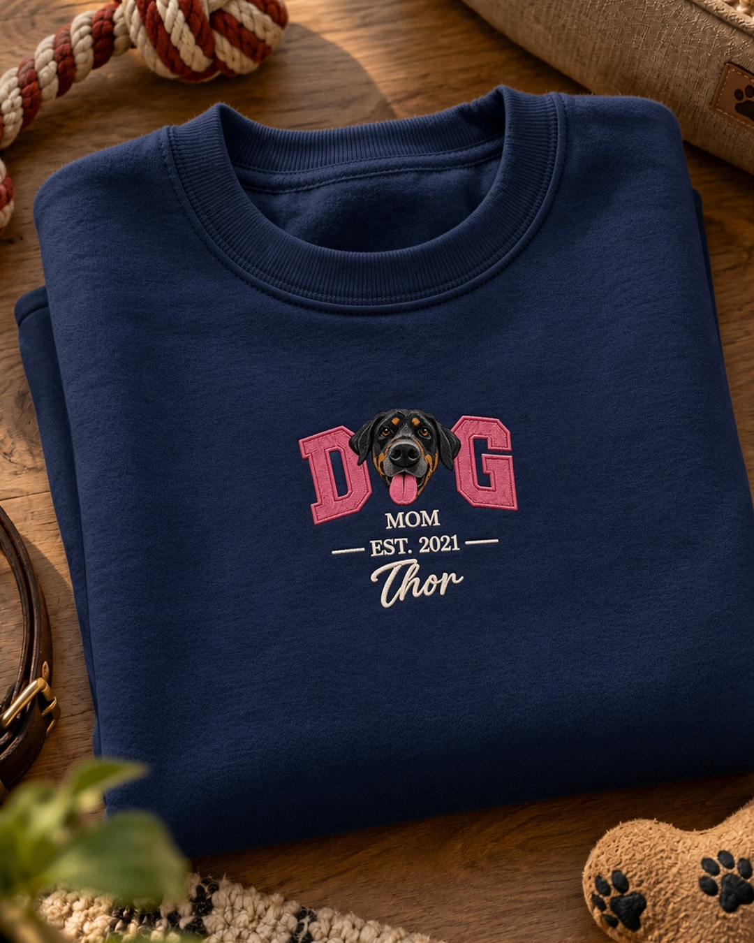 Suéter personalizado Pet Face DOG MOM com rosto do cachorro bordado – azul marinho