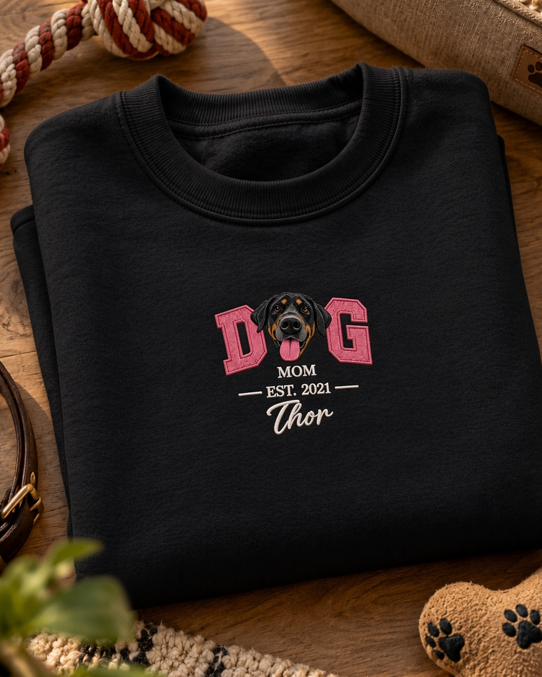 Suéter personalizado Pet Face DOG MOM com rosto do cachorro bordado – preto