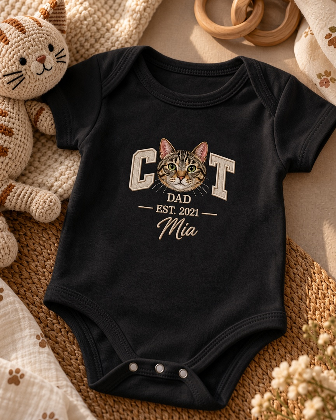 Body de bebê personalizado Pet Face CAT DAD com rosto do gato – preto