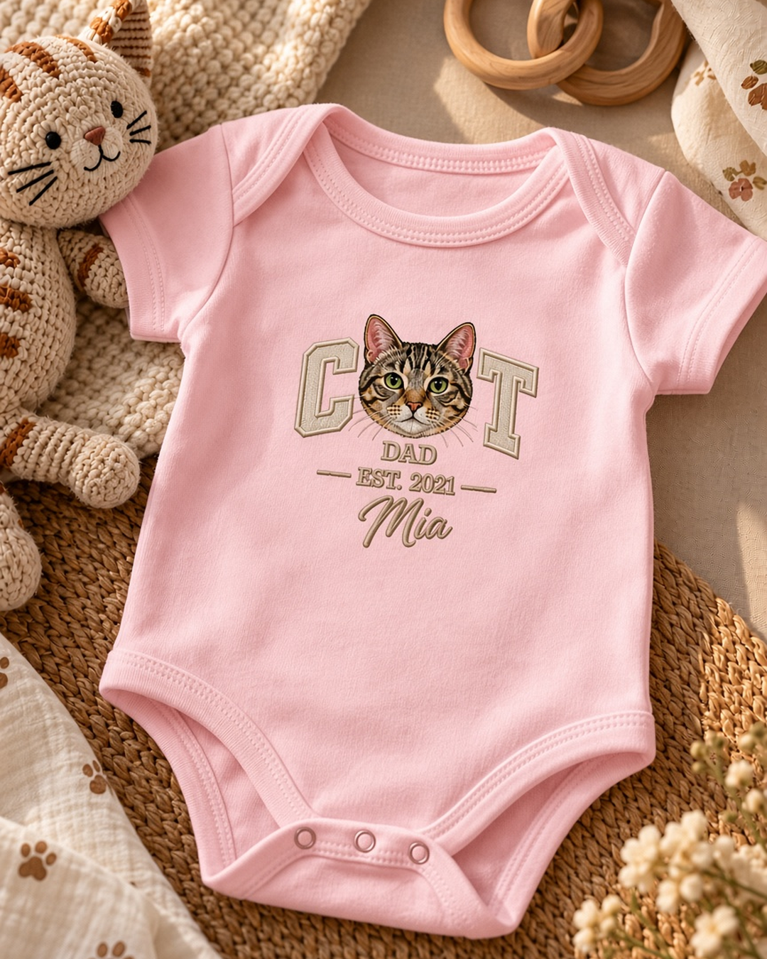 Body de bebê personalizado Pet Face CAT DAD com rosto do gato – rosa bebê