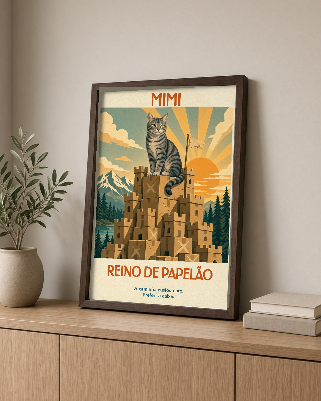 Quadro personalizado Lugares do meu Gato – Reino de Papelão com moldura caixa com vidro – mockup 1