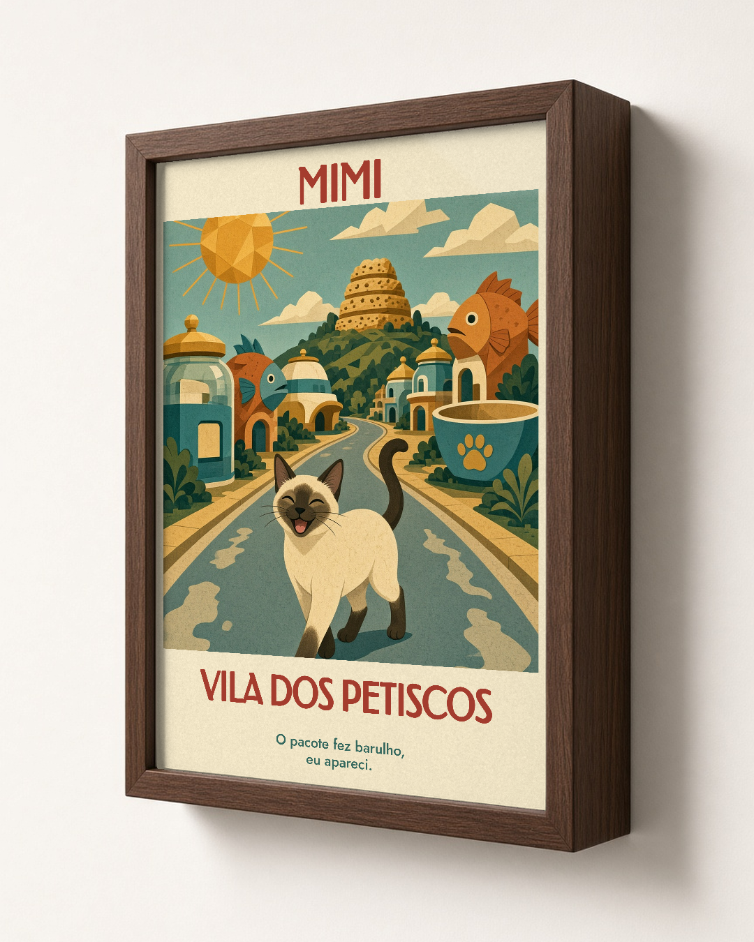 Quadro personalizado Lugares do meu Gato – Vila dos Petiscos com moldura caixa com vidro – mockup 1