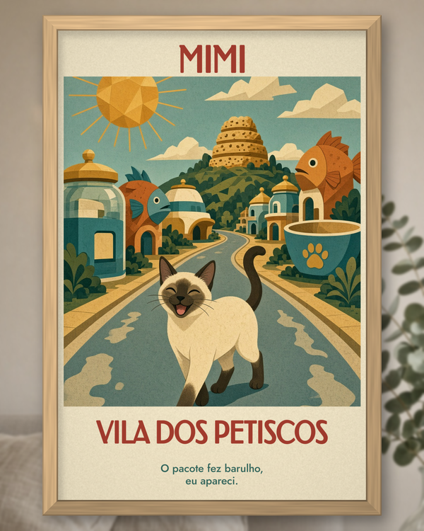 Quadro personalizado Lugares do meu Gato – Vila dos Petiscos, pôster retrô do seu gato emoldurado – foto principal