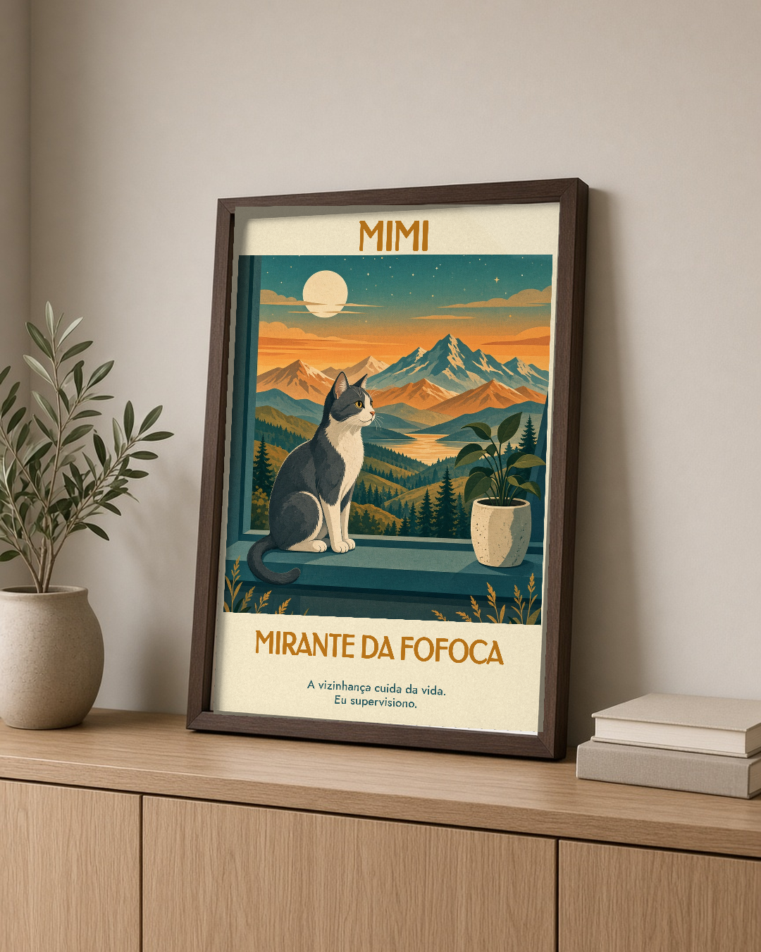 Quadro personalizado Lugares do meu Gato – Mirante da Fofoca com moldura caixa com vidro – mockup 1