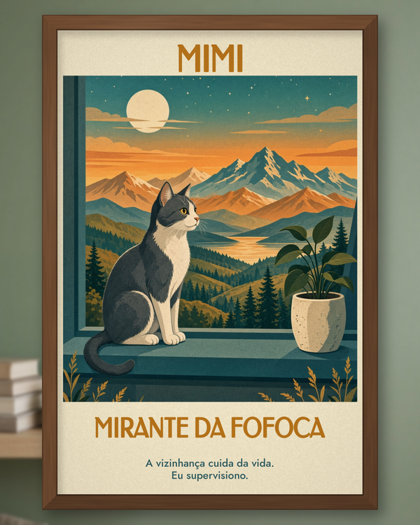 Quadro personalizado Lugares do meu Gato – Mirante da Fofoca, pôster retrô do seu gato emoldurado – foto principal