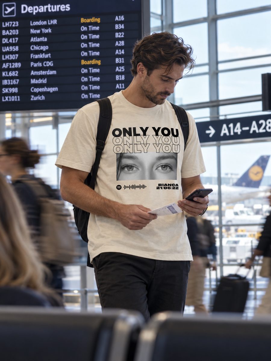 Homem no aeroporto usando camiseta Only You